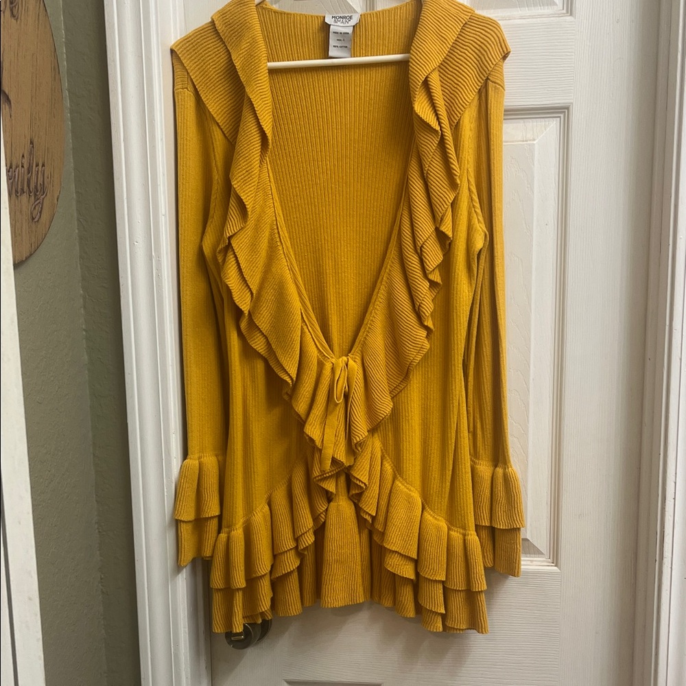 Anthropologie Mustard Ruffled Cardigan
